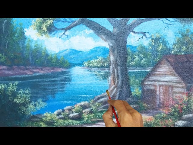 How to Paint A Cabin by the Lake Acrylic Painting for Beginners