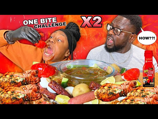 ONE BITE SEAFOOD BOIL MUKBANG CHALLENGE 먹방 with 2x SPICY SAUCE | The queens family