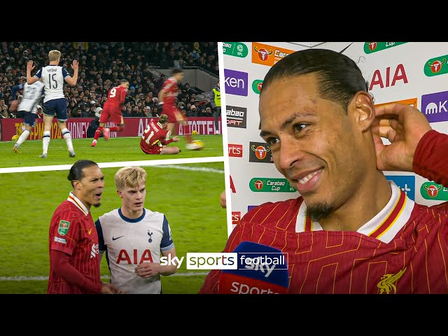 Virgil van Dijk reacts after Lucas Bergvall's controversial winner for Tottenham