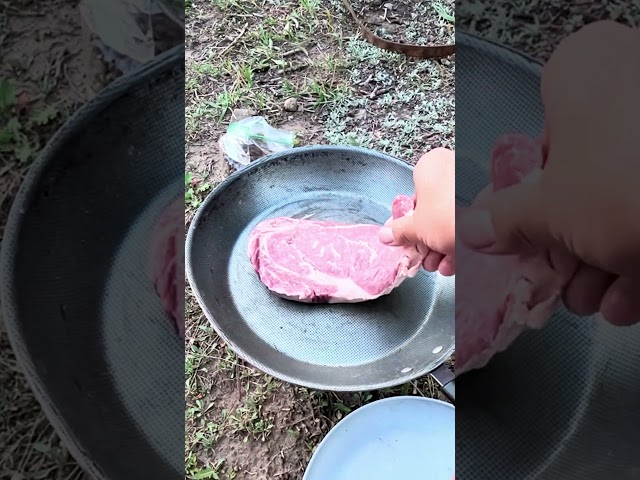 Steak dinner at a remote mountain lake! #catchandcook #adventure #camping #solocamping #packgoats