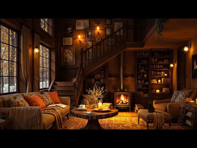 Morning Winter in Cozy Room ☕ Relaxing Jazz Music & Crackling Fireplace for Reading