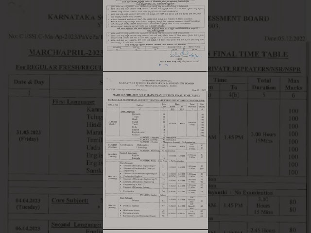 Karnataka SSlC 2023 Exem Time Table