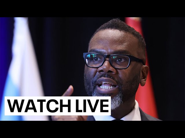 Chicago Mayor  Brandon Johnson speaks from City Hall