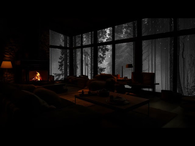 Rainy Day In A Cozy Log Cabin With A Cozy Fireplace To Relax