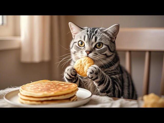 The poor cat couldn't bear to eat the fried dough sticks and could only eat steamed buns.#cat