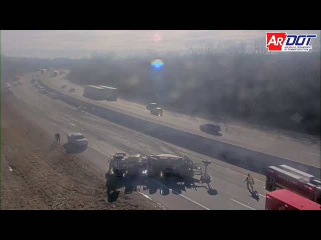 Concrete truck rolls over on Interstate 49