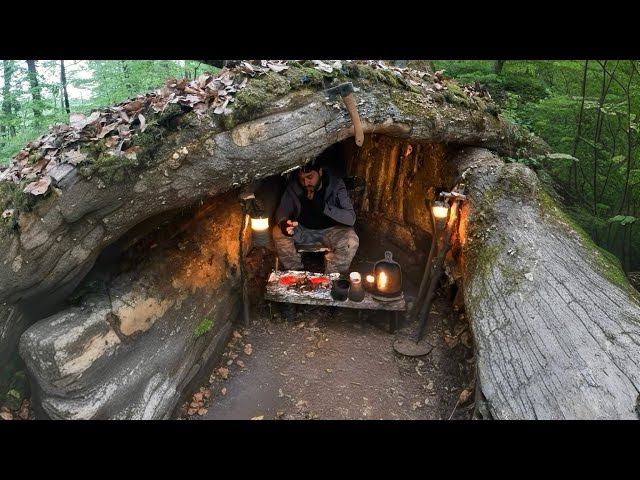 Bushcraft Shelter UNDER FALLEN TREE. Building a Secret Dugout. Survival Camping