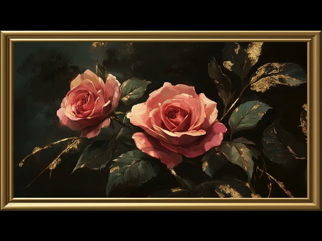 Vintage Beautiful Roses Painting | Gold Frame TV Art | Art Screensaver for TV 2 Hrs