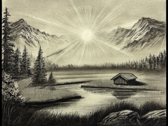 Sunset Mountain Lake Landscape with Pencils | Easy Charcoal Drawing Tutorial