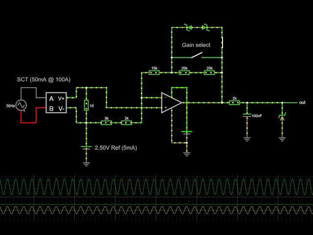 Current sense amplifier frontend design for 16 channel mains power monitor