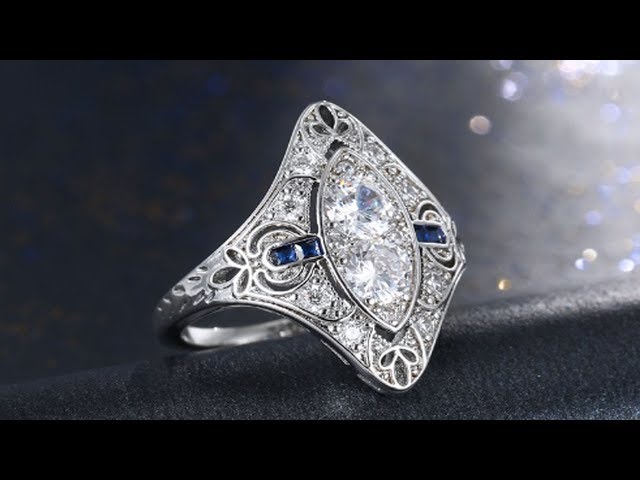 Vintage Luxury Cocktail Ring For Women Blue White Cubic Zirconia Retro Gorgeous Ring