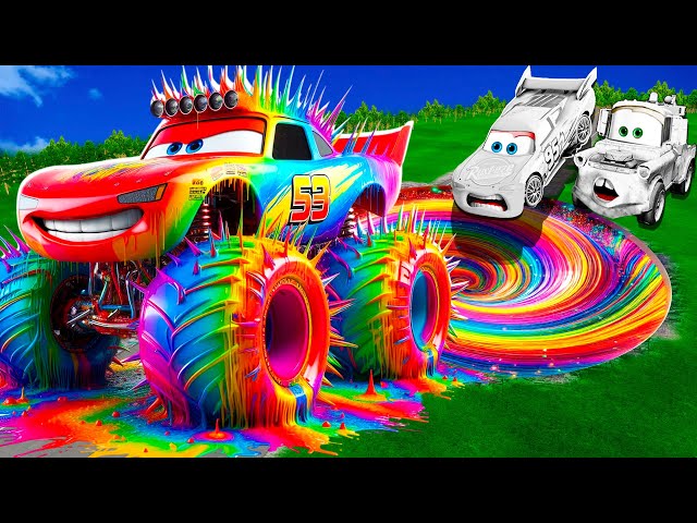 Rainbow Pit Transform In Big & Small: Lightning Mcqueen  & Mater vs  Pixar Cars! Beam.NG Drive!