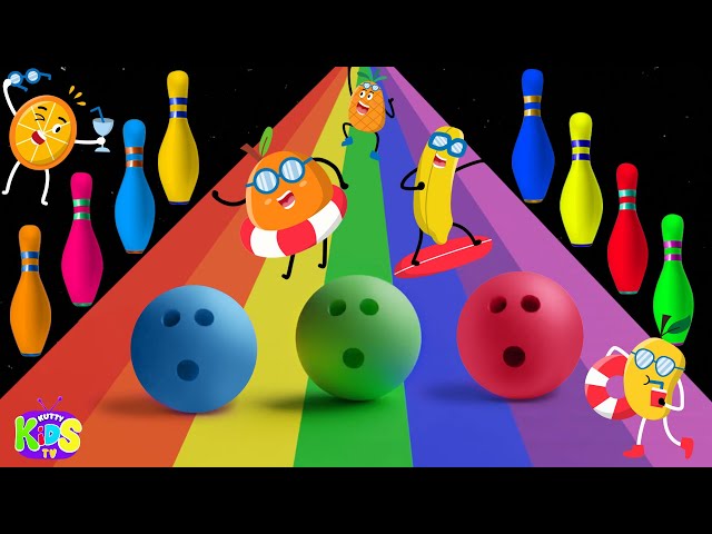 Bowling Ball Adventure For Kids | Fruits with bowling pins | Learn Fruits name colorful bowling pins