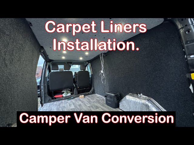 Installation of the carpeted ply liner walls & roof inc, led spotlights. DIY Camper Conversion #15