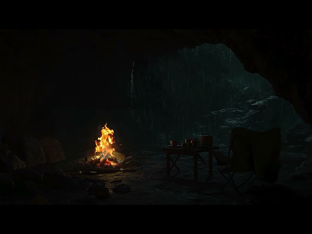 Cozy Cave Ambience with Rain, Thunder & Fireplace Sounds | Deep Sleep, Relaxation & Stress Relief