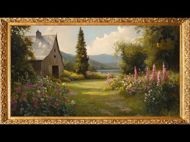 Vintage TV Art: Charming Barn by a Lake with Flowers | Gold Framed Oil Painting | TV Art Screensaver