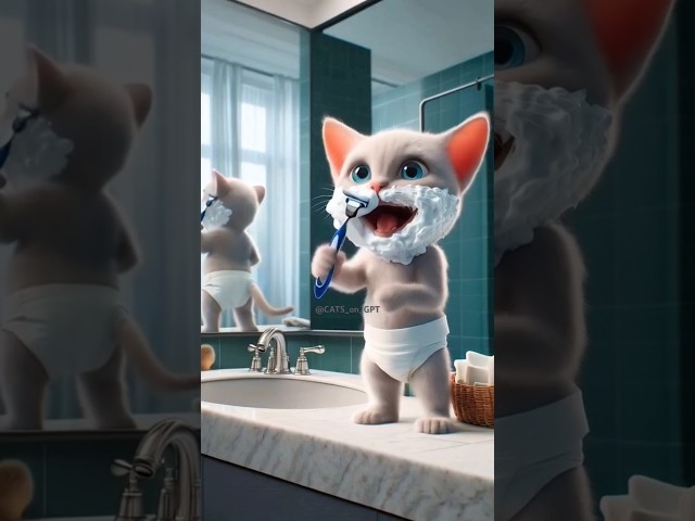 Kitten shaving face like Dad🪒🤯 #cats #catstory #cat #kitten #ai #aicats #cats #funny #cartoon #cute