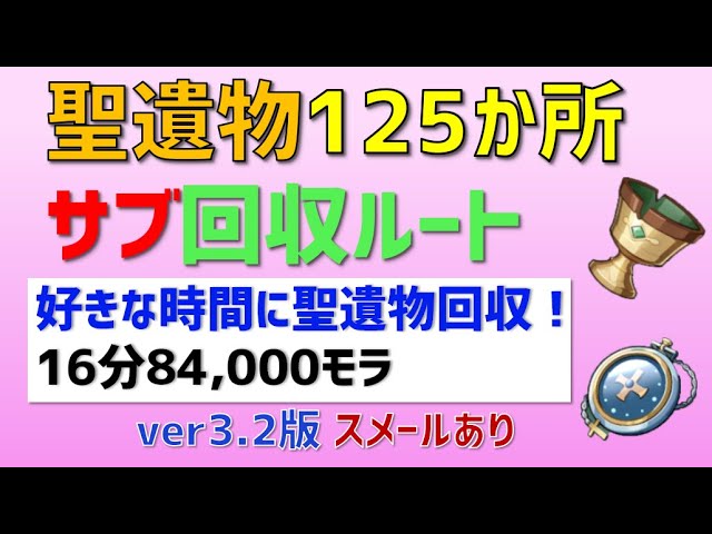 【ver3.2版サブルート】聖遺物「125か所」サブ回収ルート　スメールあり　16分84,000モラ　リポップ時間リセット用　【ver3.2攻略】　原神　Genshin