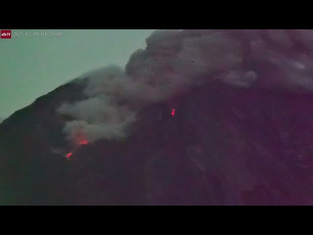 Feb 8, 2025: Molten Rock Seen Exiting Crater at Semeru Volcano, Indonesia