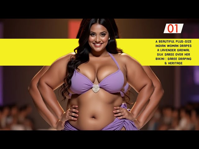 Beautiful Plus-Size Indian Woman Drapes a Lavender Gadwal Silk Saree Over Her Bikini | Saree Draping