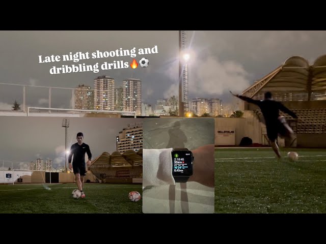 Late night football dribbling and shooting drills