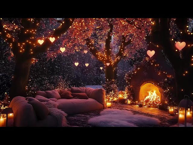 Winter Porch Ambience: Valentine's Jazz, Snowfall & Fireplace for Stress Relief ❤️