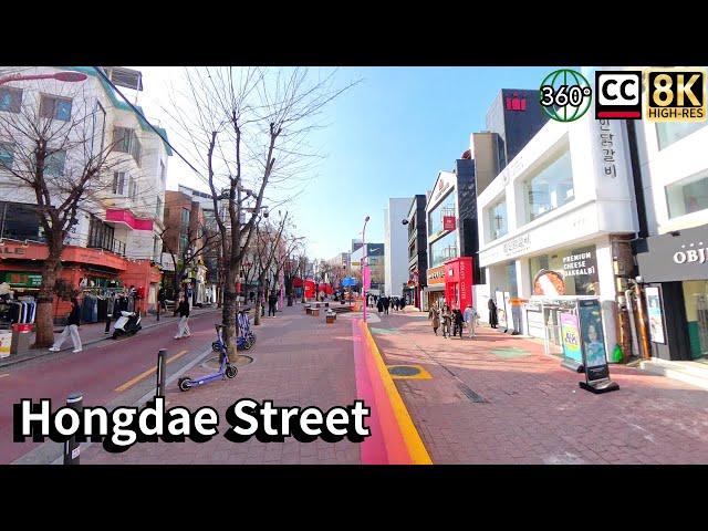 Walking along Hongdae Street in Seoul. 8K 360 VR video.