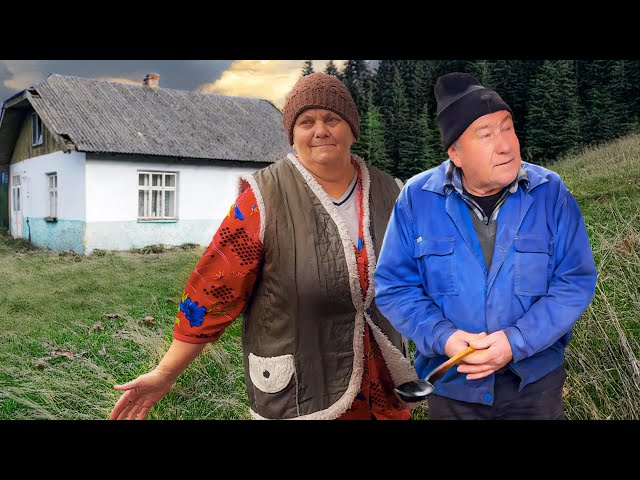 Elderly couple has a happy old age in a mountain village far from civilization