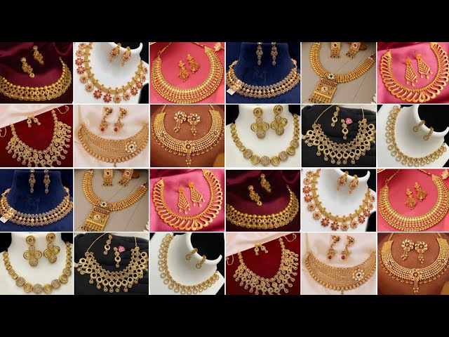 Latest 22k Gold Choker Necklace  with Earrings Designs ||Light Weight Gold Necklace Sets for Wedding