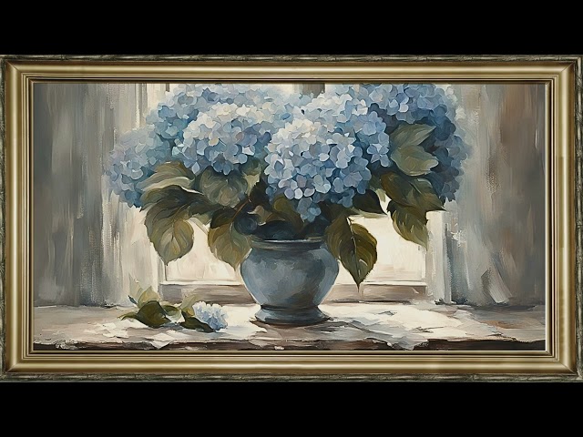 FREE TV ART VINTAGE SCREENSAVER BACKGROUND FRAMED BLUE HYDRANGEA PAINTING NO SOUND WALLPAPER 4K