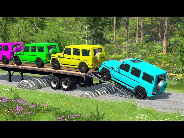 Cars Slide Color Transportation with Truck Flatbed Trailer-Pothole vs Car vs Speed Bump- BeamNGDrive