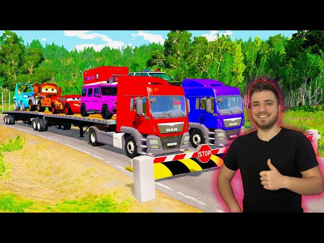 Flatbed Trailer Truck Potholes Transport Car Portal Trap Rescue - Cars vs Speed Bumps - BeamNG.drive