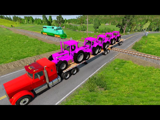 Double Flatbed Trailer Truck vs Speedbumps Train vs Cars | Train Tractor | Beamng.Drive Kon 2