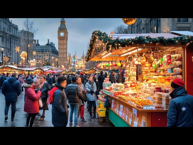 🇬🇧🎄🎅 LONDON WALK, TRAFALGAR SQUARE CHRISTMAS MARKET 2024, BIG BEN CHIMES AND BUSY WESTMINSTER BRIDGE