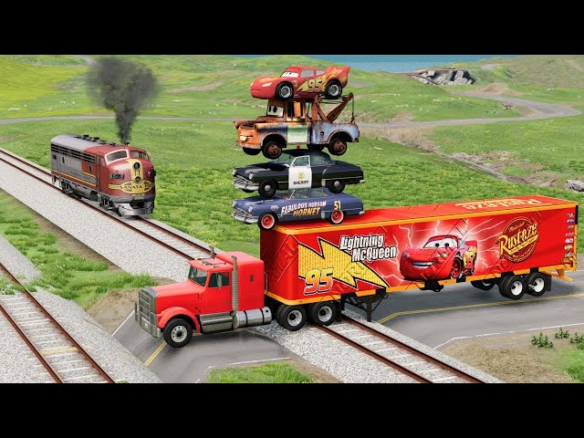 Double Flatbed Trailer Truck vs Speedbumps Train vs Cars Tractor vs Train Beamng.Drive