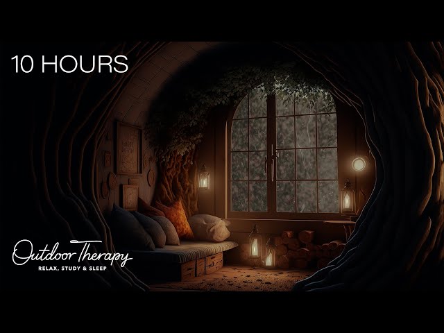 Cozy Stormy Night in a Hobbit House | Rain on the Window and Low Rumbling Thunder Ambience |10 HOURS