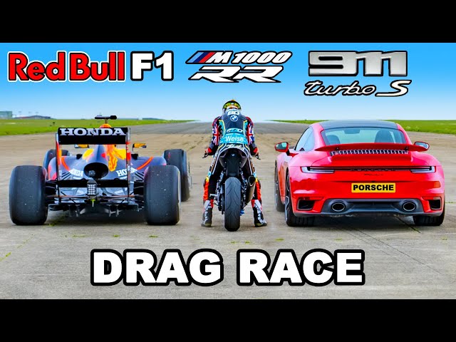 F1 Car v BMW M1000 RR Superbike v 911 Turbo S: DRAG RACE