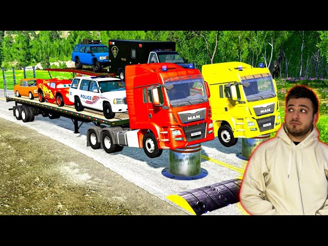 Flatbed Trailer Truck Potholes Transport Car Portal Trap Rescue - Cars vs Speed Bumps - BeamNG.drive