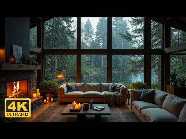 Relaxing Piano Instrumental Music For Stress Relief - Cozy Living Room Inside Forest on Rainy Day 🌧