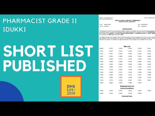 KERALA PSC PHARMACIST GRADE II (529/2019) | IDUKKI | DHS | SHORT LIST PUBLISHED