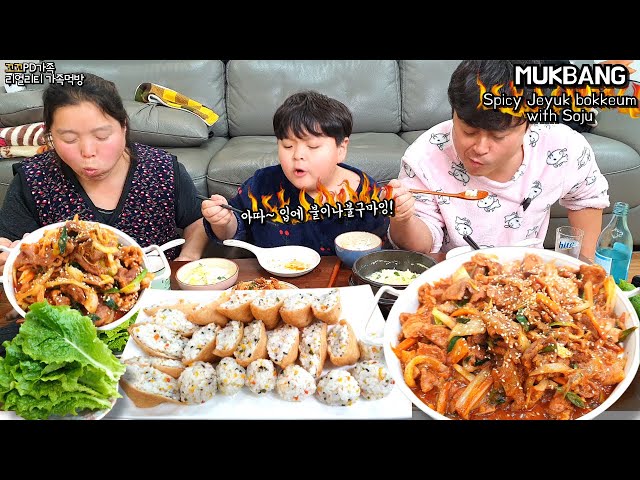 🔥매운 제육볶음, 유부초밥, 계란찜만들어서 소주한잔 했어요😋ㅣSpicy Jeyuk bokkeum with SojuㅣMUKBANGㅣEATING SHOW