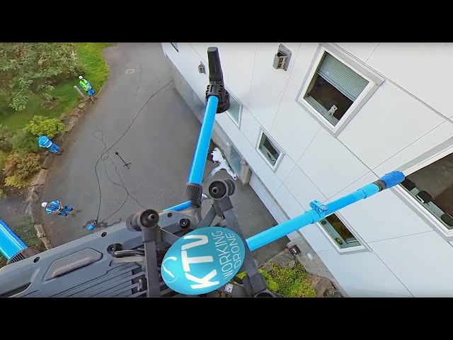 KTV Working Drone. Facade cleaning 360 view from on top of drone