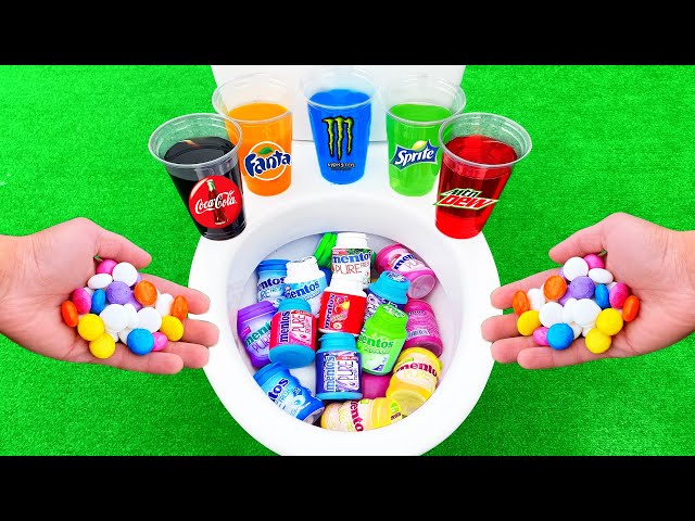 Experiment , Mentos Gum VS Coca-Cola, Monster, Fanta, Mtn Dew, Sprite and Soda in the toilet