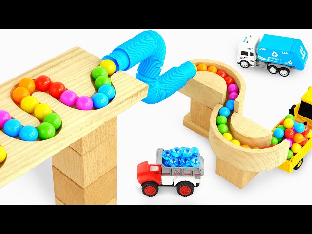 Marble Run ASMR Race ☆ HABA Slope & Dump Truck Excavator Ambulance Forklift Garbage Truck Tractors11