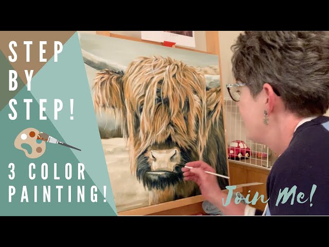 How to Paint w/ Acrylics Only 3 Colors! - Highland Cow w/ TRACEABLE, Simple landscape by Annie Troe