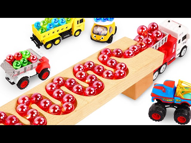 Marble Run ASMR Race ☆ HABA Slope & Dump Truck Excavator Ambulance Forklift Garbage Truck Tractors60