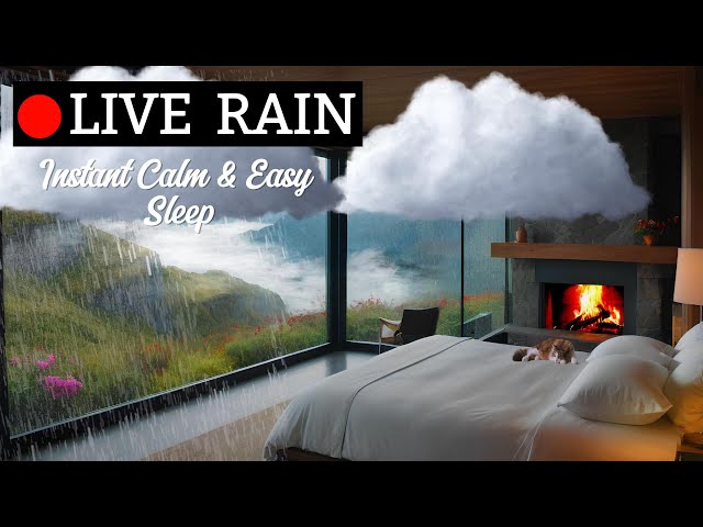 🔴🌧️ Sleep to Rain Sounds | Cliffside House, Fireplace & Floating Clouds