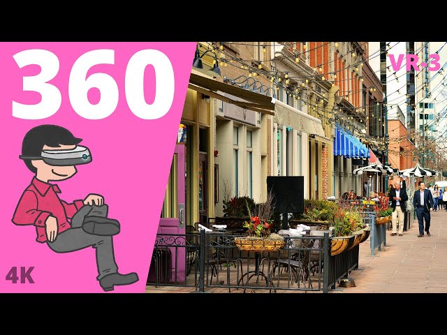 VR Street Cafe Virtual Reality 360 Video street view. VR immersive street travel virtual experience.