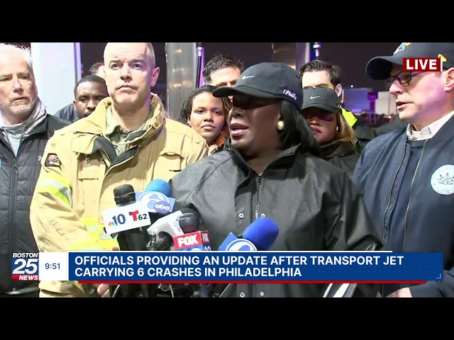 Officials providing an update after a transport jet carrying 6 crashes in Philadelphia