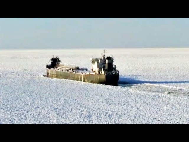 Aerial view of a Canadian freighter trapped in ice on Lake Erie